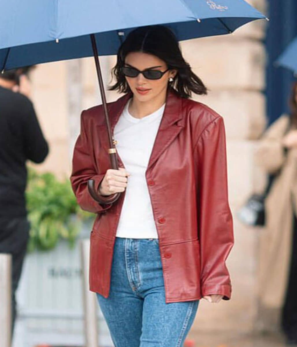 Paris 2025 Kendall Jenner Maroon Leather Blazer