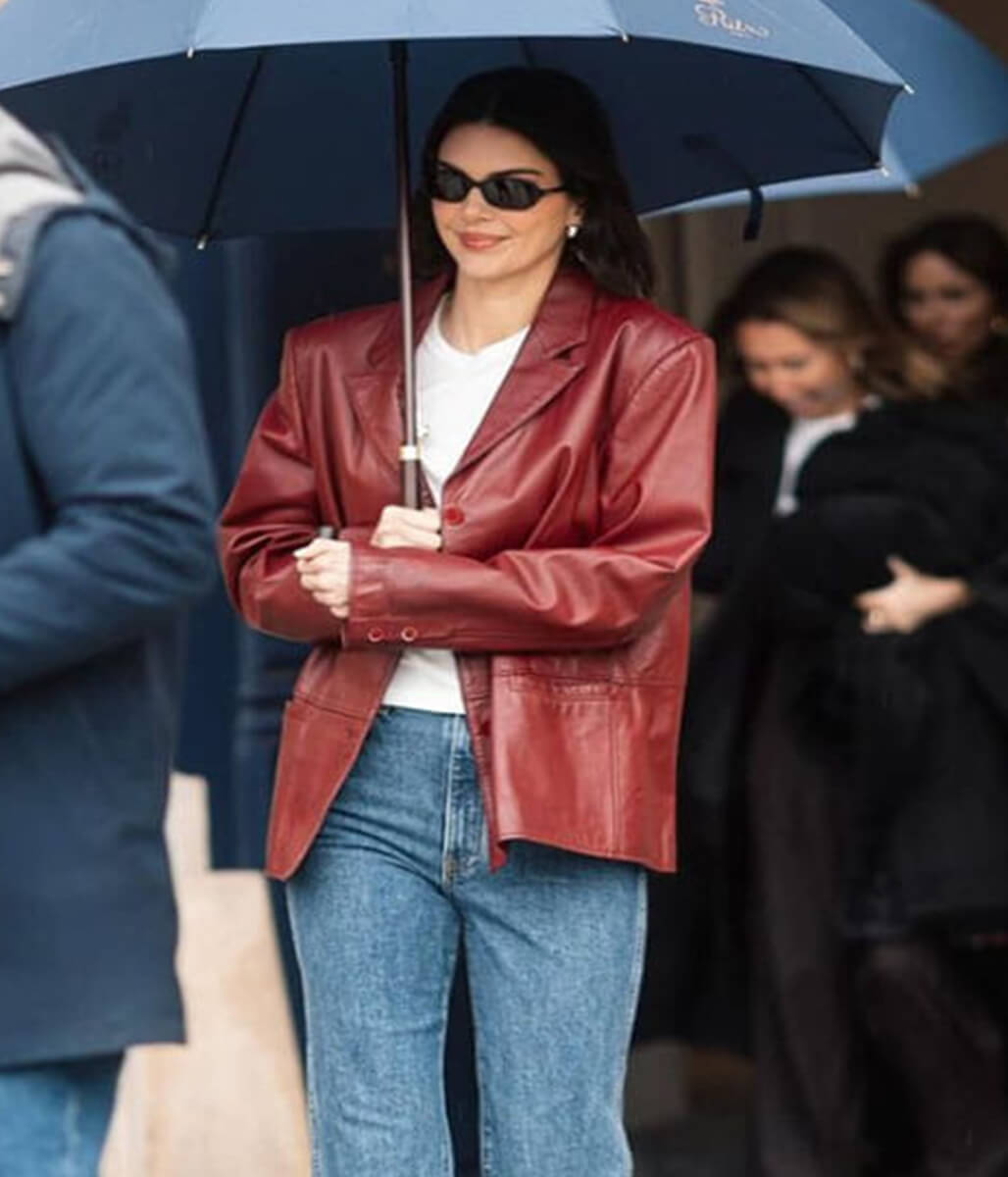 Paris 2025 Kendall Jenner Maroon Leather Blazer