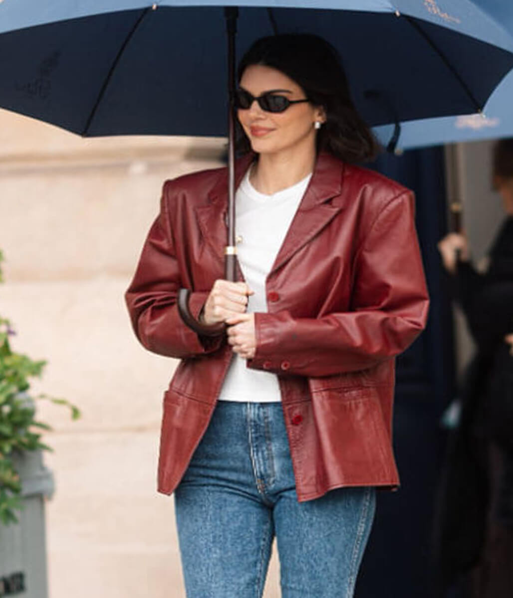 Paris 2025 Kendall Jenner Maroon Leather Blazer