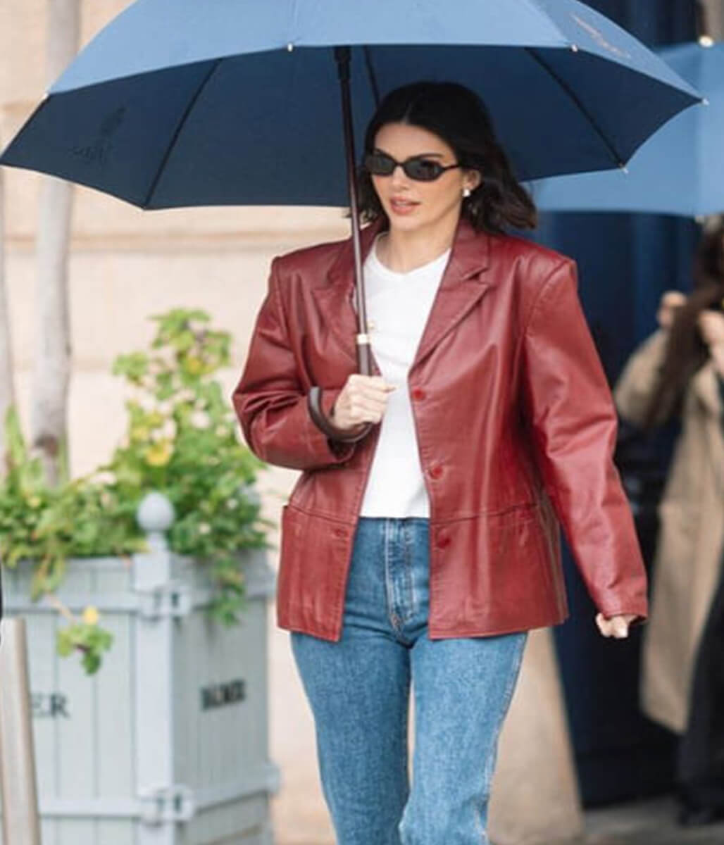 Paris 2025 Kendall Jenner Maroon Leather Blazer