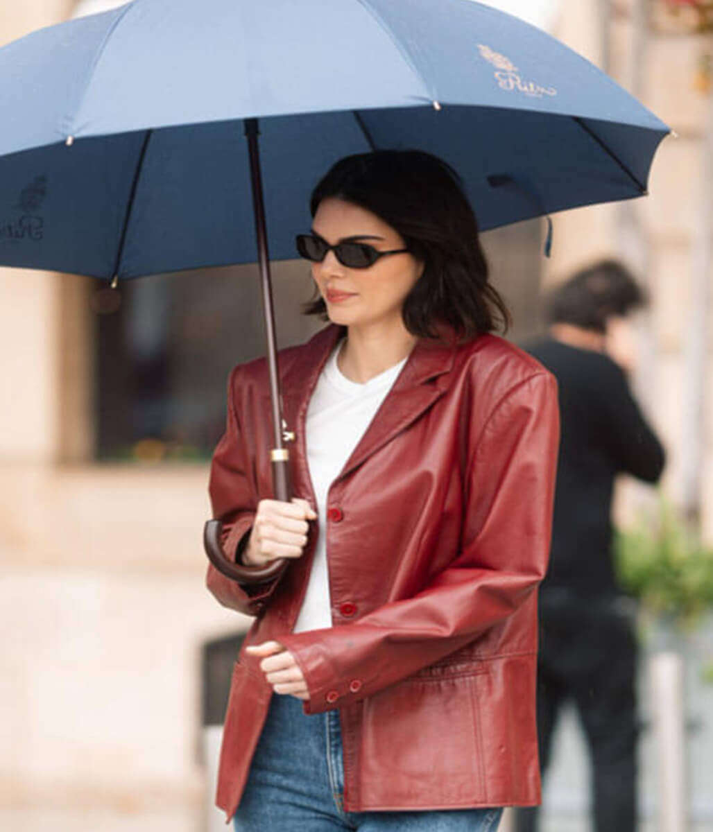 Paris 2025 Kendall Jenner Maroon Leather Blazer