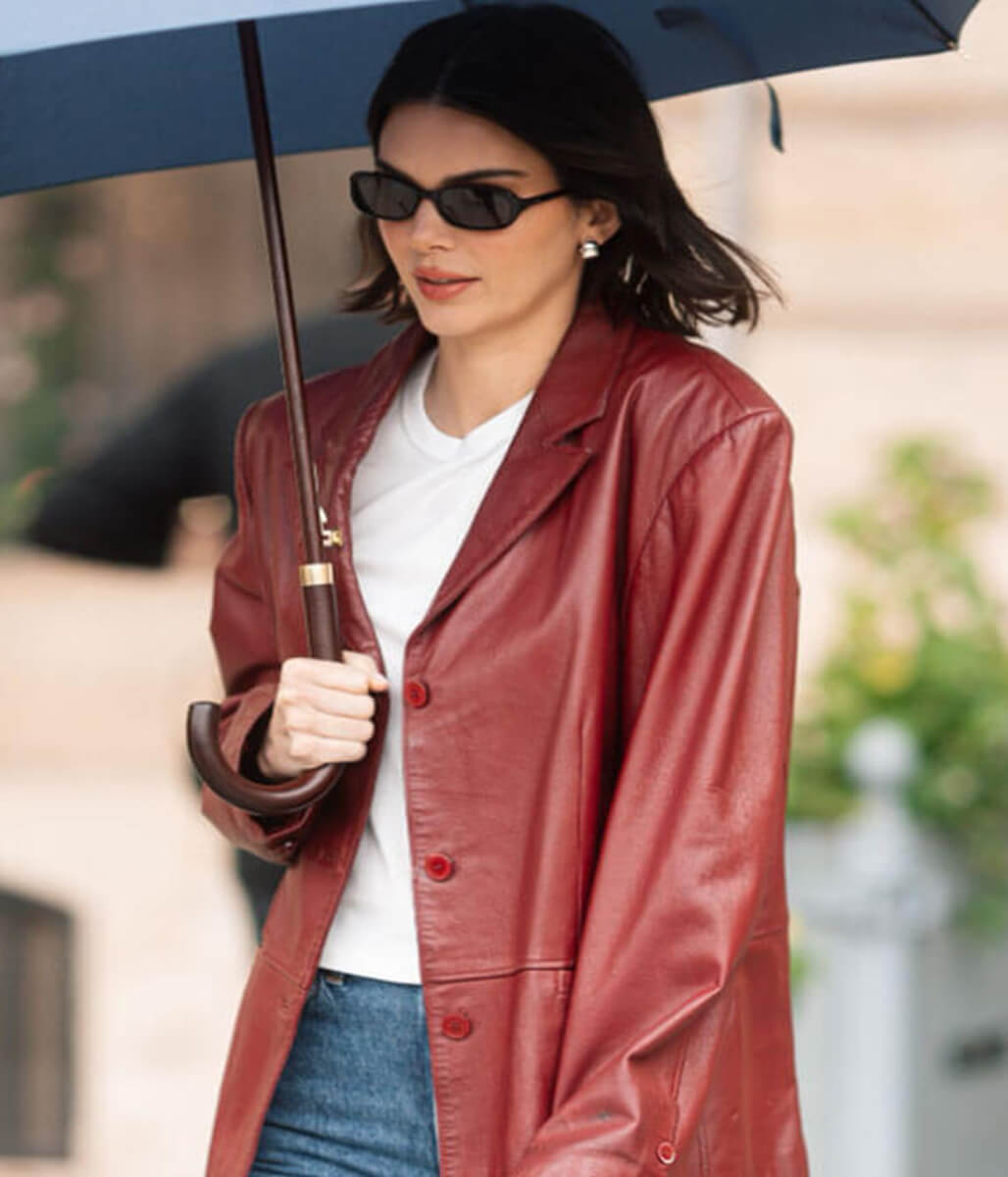 Paris 2025 Kendall Jenner Maroon Leather Blazer
