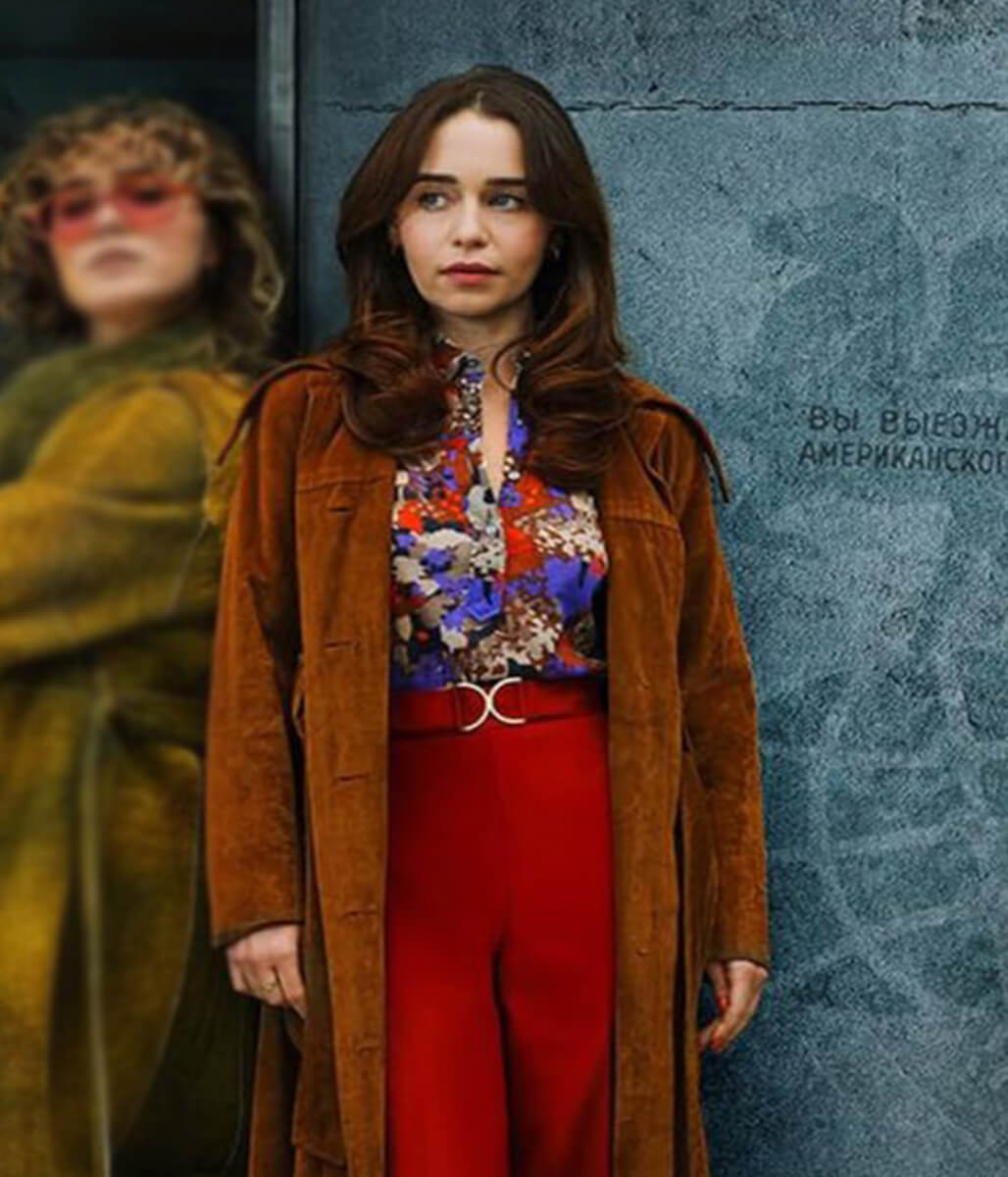 Ponies 2026 Emilia Clarke Brown Suede Leather Coat