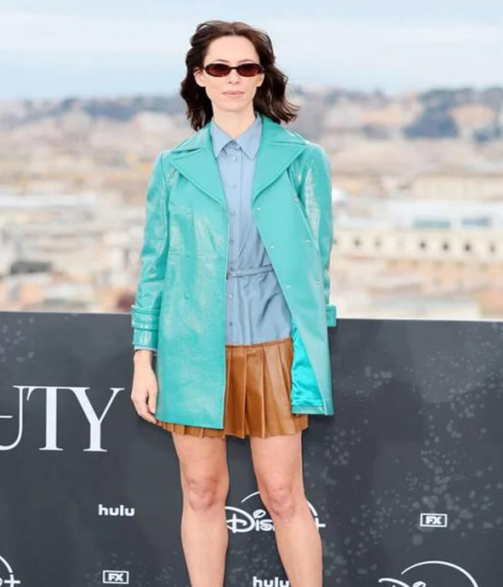 Rebecca Hall The Beauty 2026 Blue Leather Coat