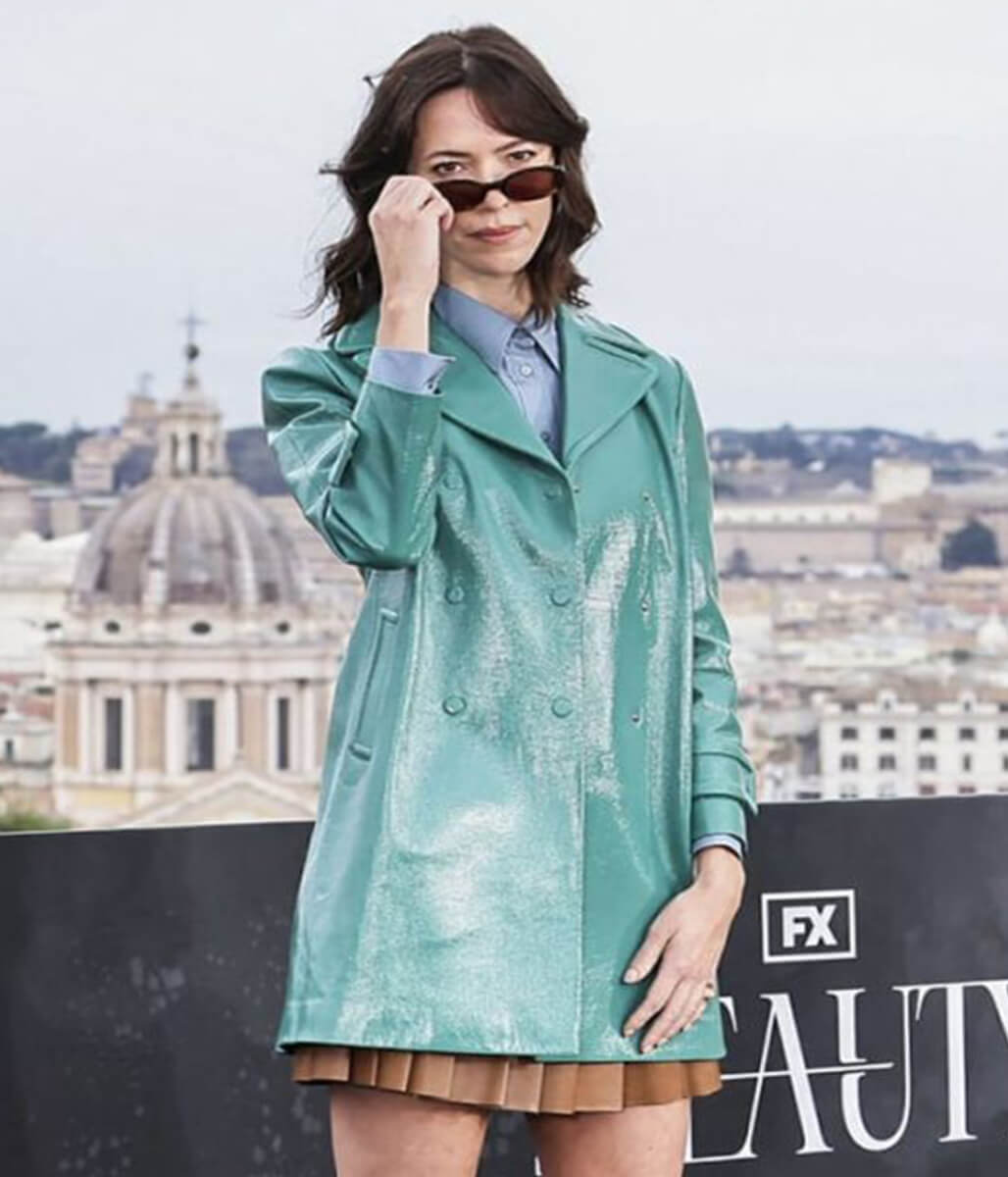 Rebecca Hall The Beauty 2026 Blue Leather Coat