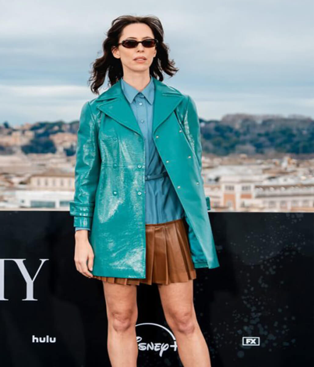 Rebecca Hall The Beauty 2026 Blue Leather Coat