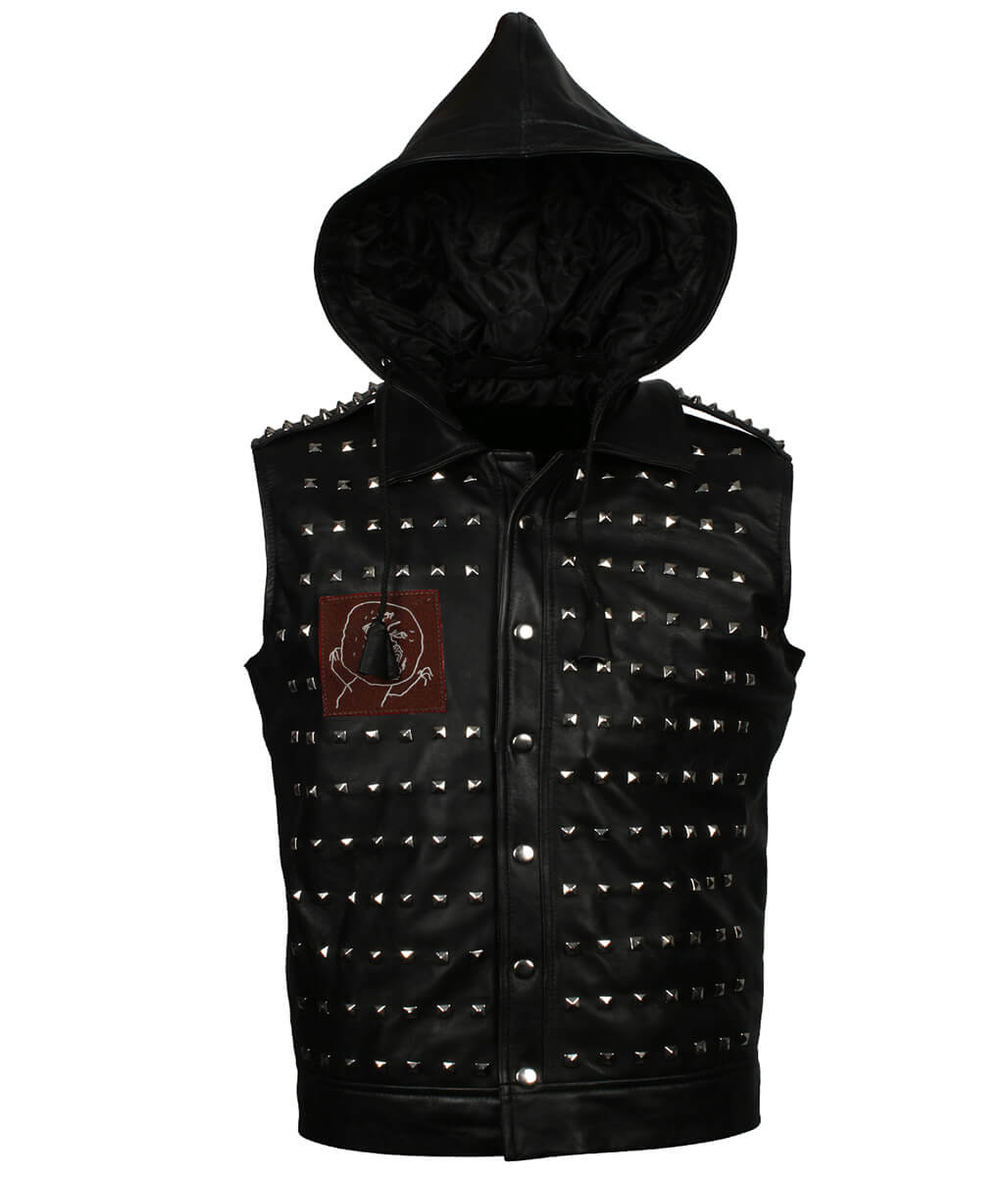 Rock Men Studded Hooded Black Leather Vest