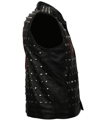 Rock Men Studded Hooded Black Leather Vest