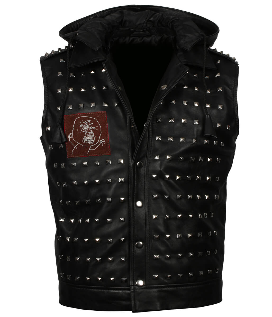 Rock Men Studded Hooded Black Leather Vest