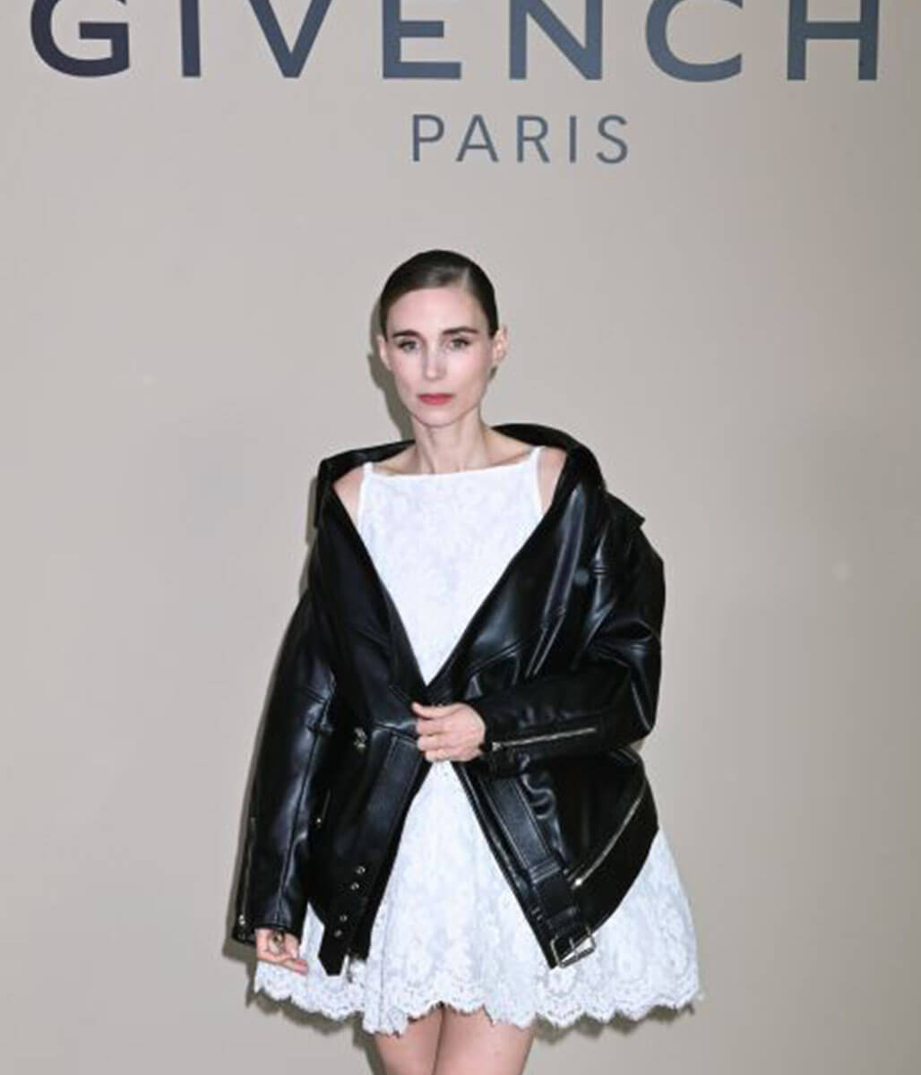 Rooney Mara Paris Fashion Week 2025 Black Leather Jacket