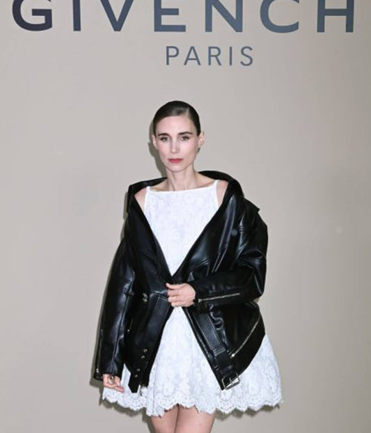 Rooney Mara Paris Fashion Week 2025 Black Leather Jacket