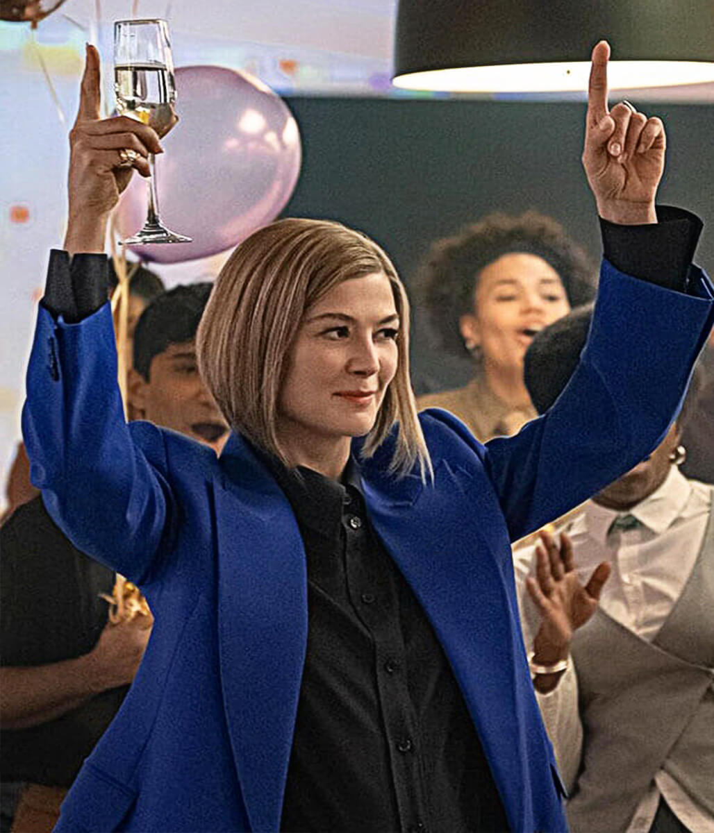 Rosamund Pike Ladies First 2026 Blue Suede Blazer