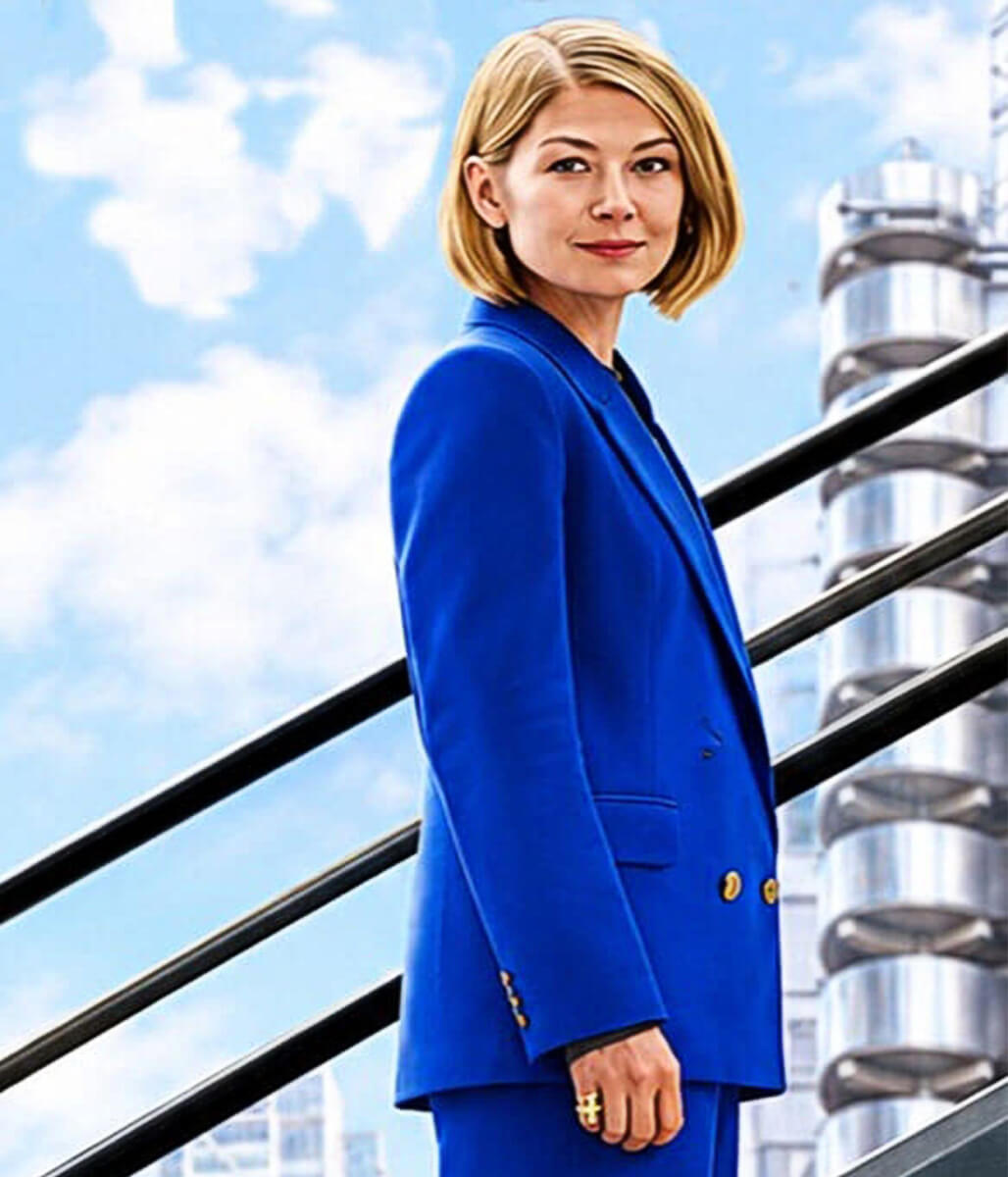 Rosamund Pike Ladies First 2026 Blue Suede Blazer