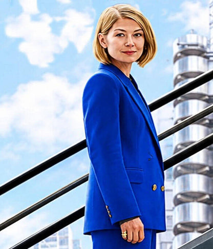 Rosamund Pike Ladies First 2026 Blue Suede Blazer