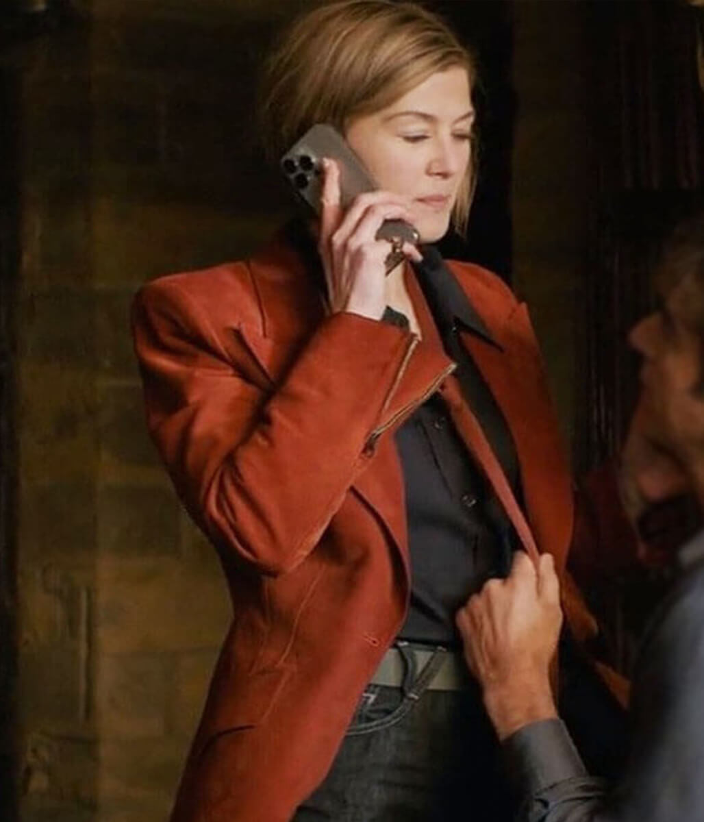 Rosamund Pike Ladies First 2026 Red Suede Blazer