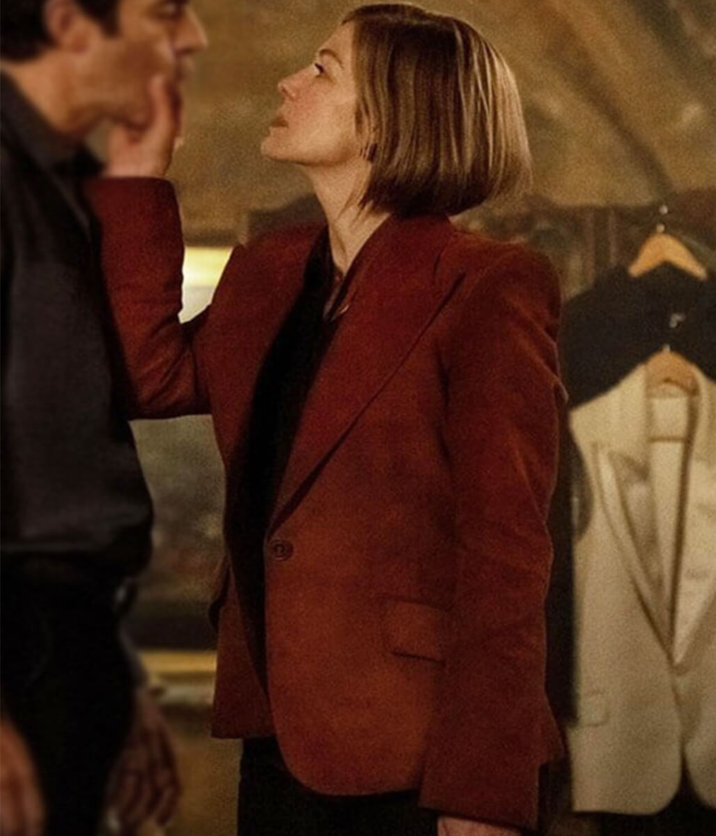 Rosamund Pike Ladies First 2026 Red Suede Blazer