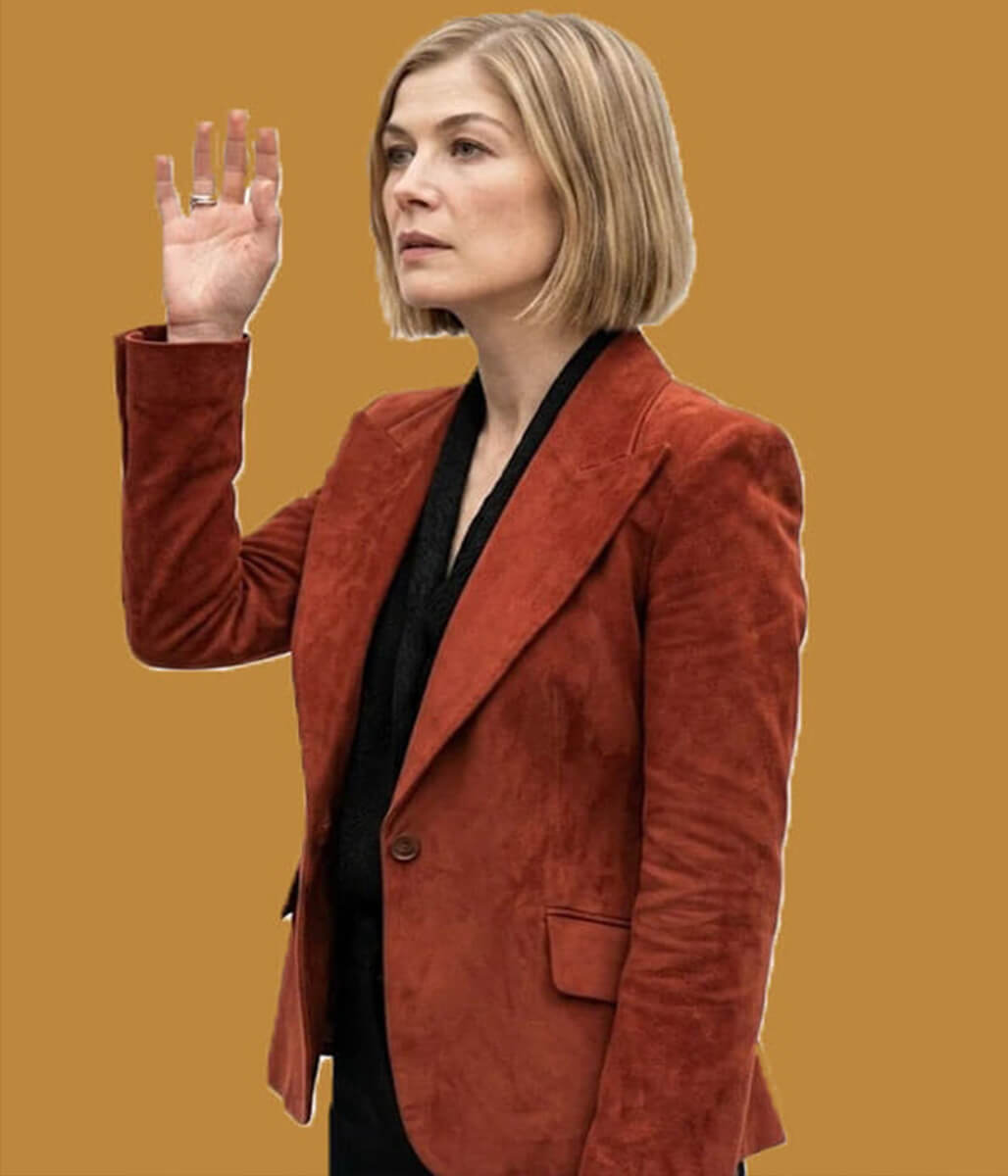 Rosamund Pike Ladies First 2026 Red Suede Blazer