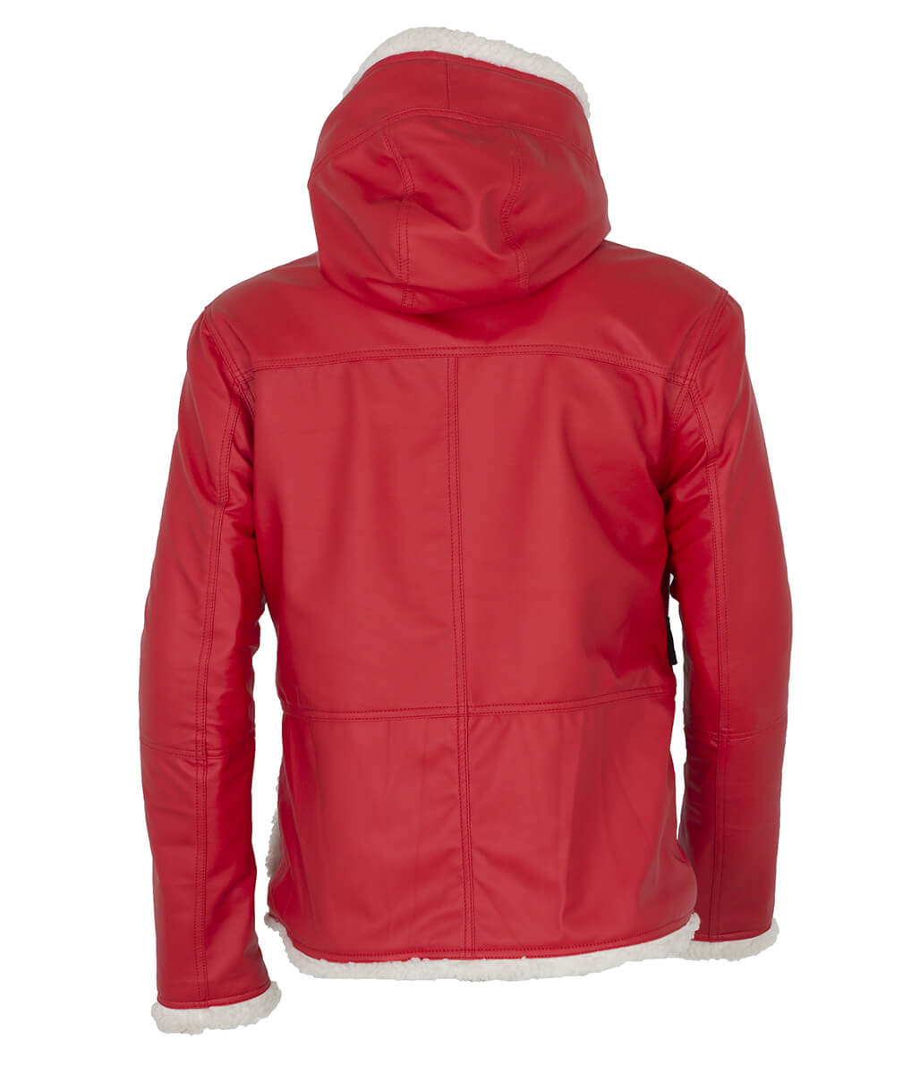 Santa Claus Christmas Shearling Hooded Belted Red Leather Coat