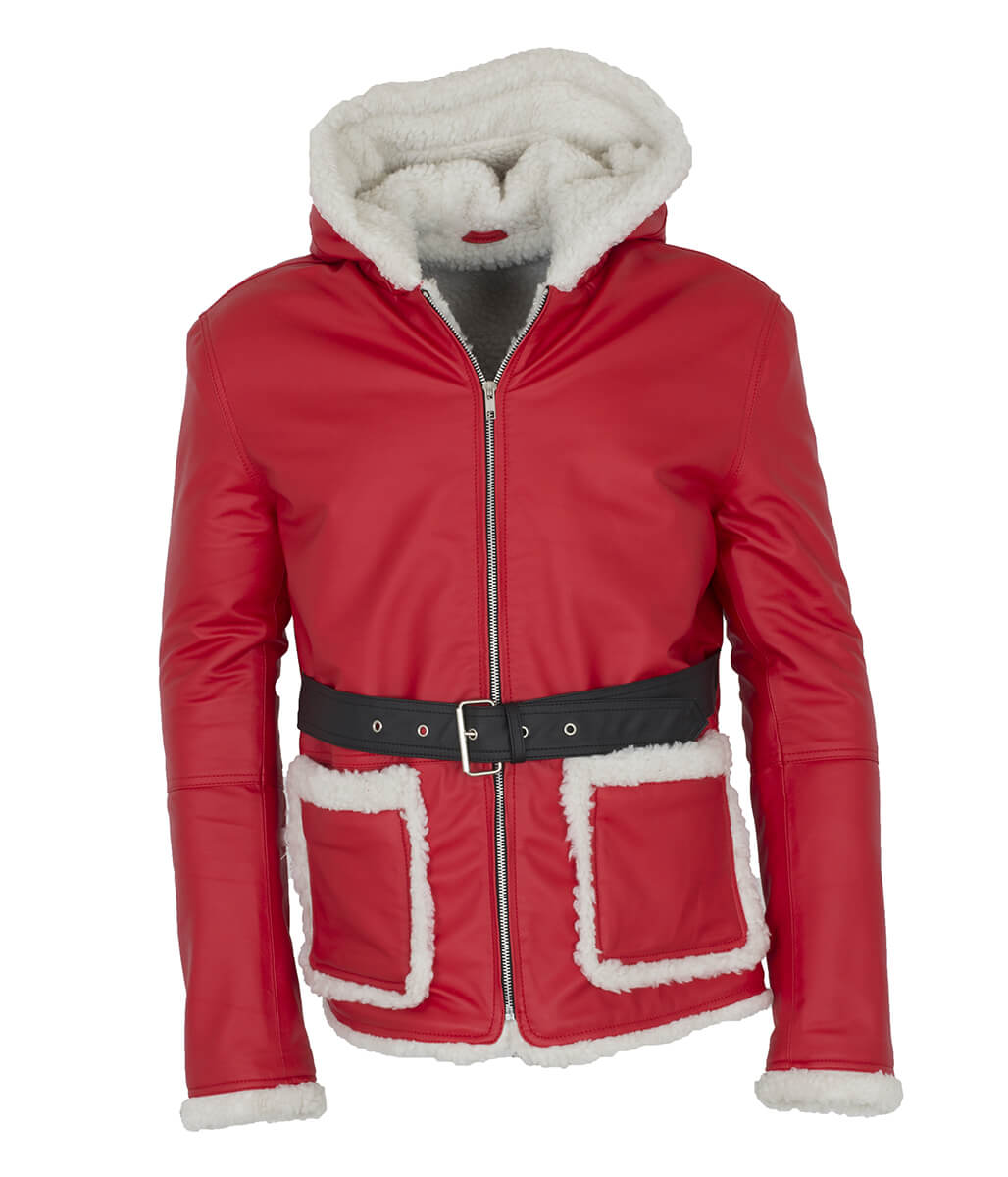 Santa Claus Christmas Shearling Hooded Belted Red Leather Coat