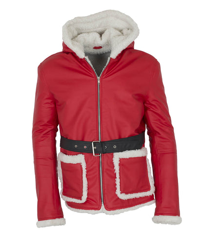 Santa Claus Christmas Shearling Hooded Belted Red Leather Coat