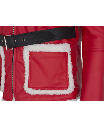 Santa Claus Christmas Shearling Hooded Belted Red Leather Coat
