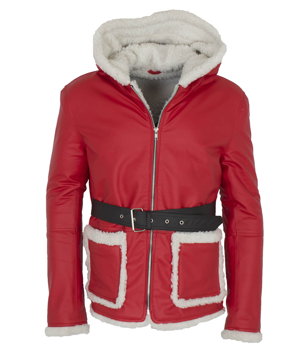 Santa Claus Christmas Shearling Hooded Belted Red Leather Coat