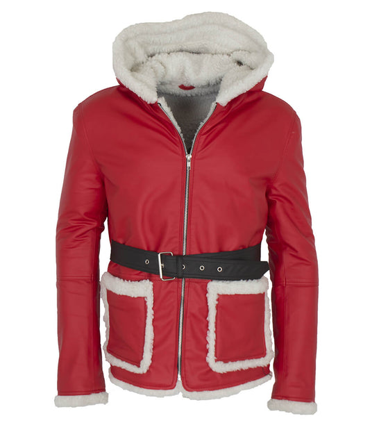 Santa Claus Christmas Shearling Hooded Belted Red Leather Coat