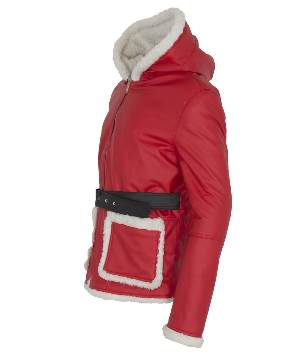 Santa Claus Christmas Shearling Hooded Belted Red Leather Coat