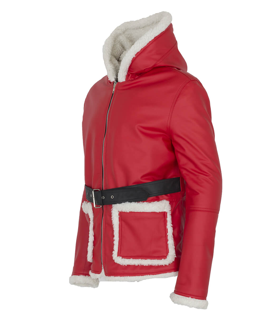 Santa Claus Christmas Shearling Hooded Belted Red Leather Coat