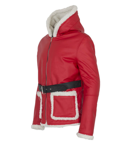Santa Claus Christmas Shearling Hooded Belted Red Leather Coat