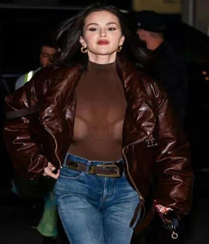 Selena Gomez Brown Leather Bomber Jacket