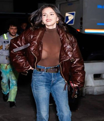 Selena Gomez Brown Leather Bomber Jacket