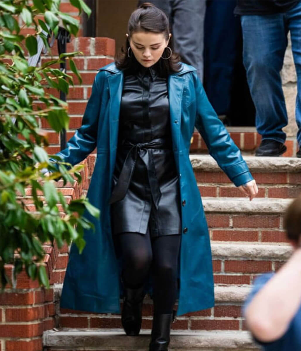 Selena Gomez NYC 2025 Blue Leather Coat