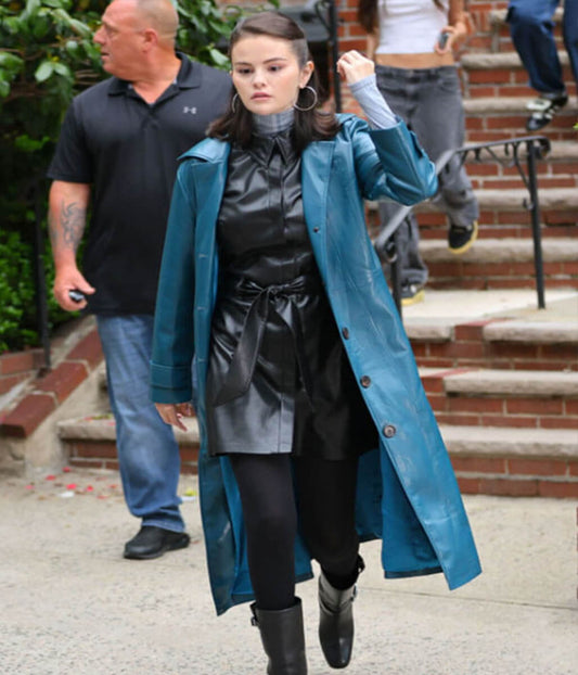 Selena Gomez NYC 2025 Blue Leather Coat
