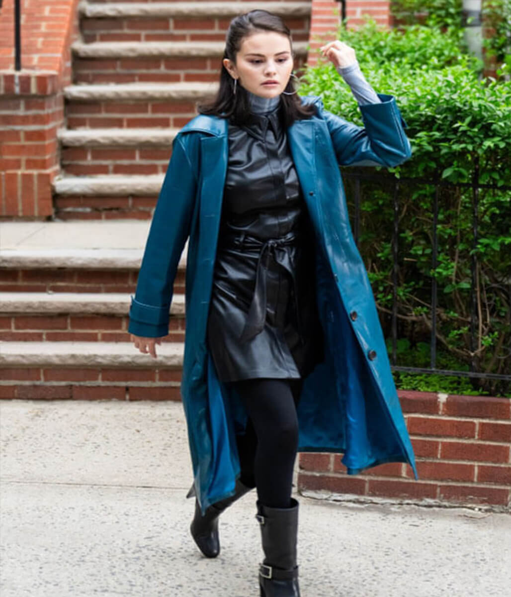 Selena Gomez NYC 2025 Blue Leather Coat