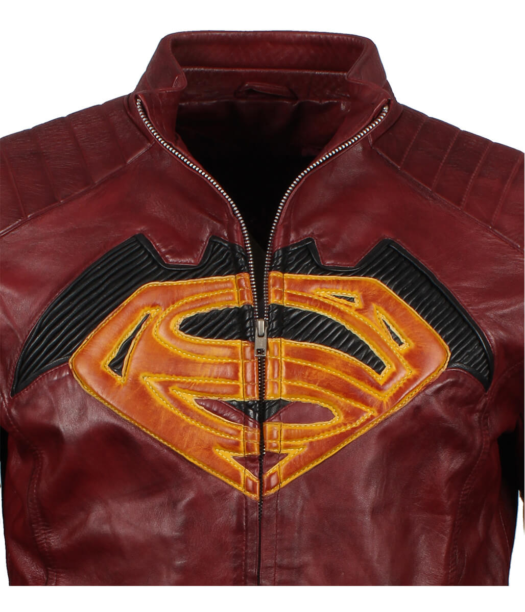 Superman Embossed Logo Padded Shoulder Maroon Leather Jacket