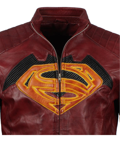 Superman Embossed Logo Padded Shoulder Maroon Leather Jacket