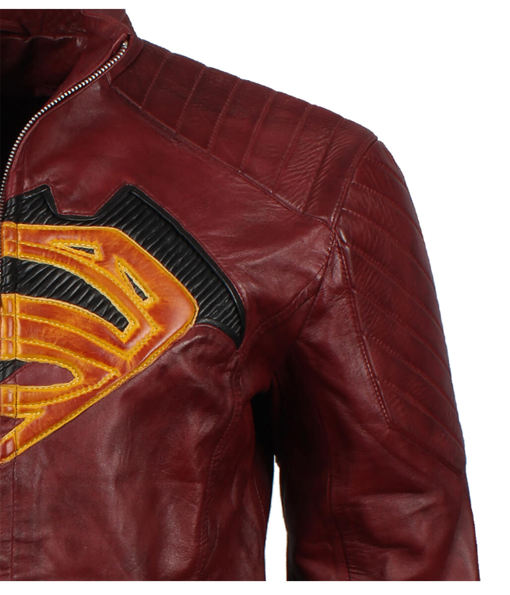 Superman Embossed Logo Padded Shoulder Maroon Leather Jacket