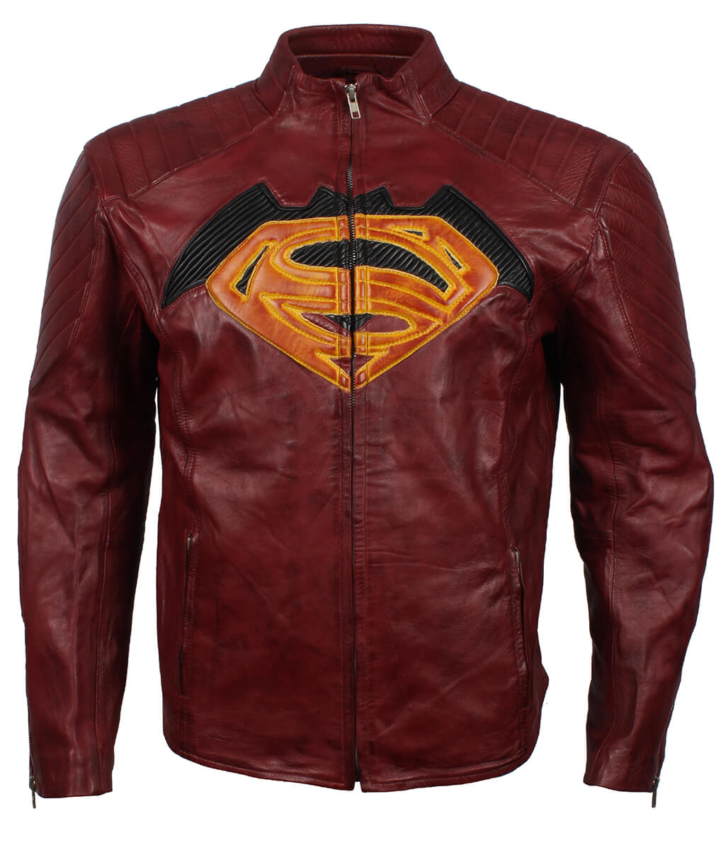 Superman Embossed Logo Padded Shoulder Maroon Leather Jacket