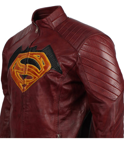 Superman Embossed Logo Padded Shoulder Maroon Leather Jacket