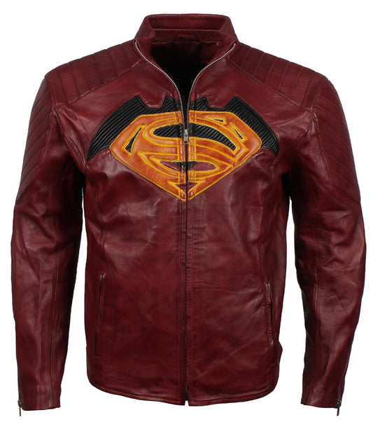 Superman Embossed Logo Padded Shoulder Maroon Leather Jacket