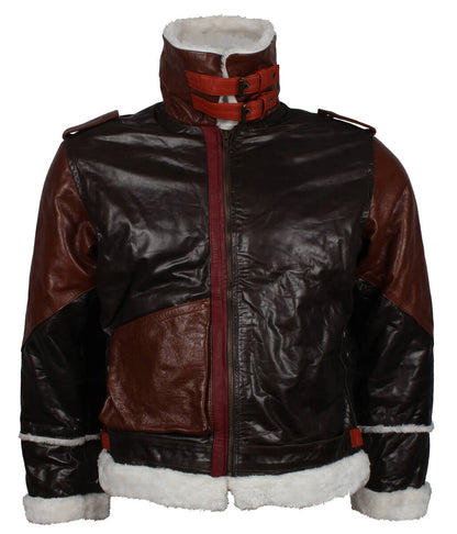 Two-Tone Shearling Trimmed Aviator Leather Jacket