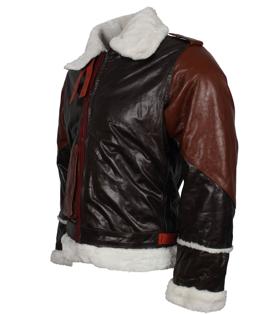 Two-Tone Shearling Trimmed Aviator Leather Jacket