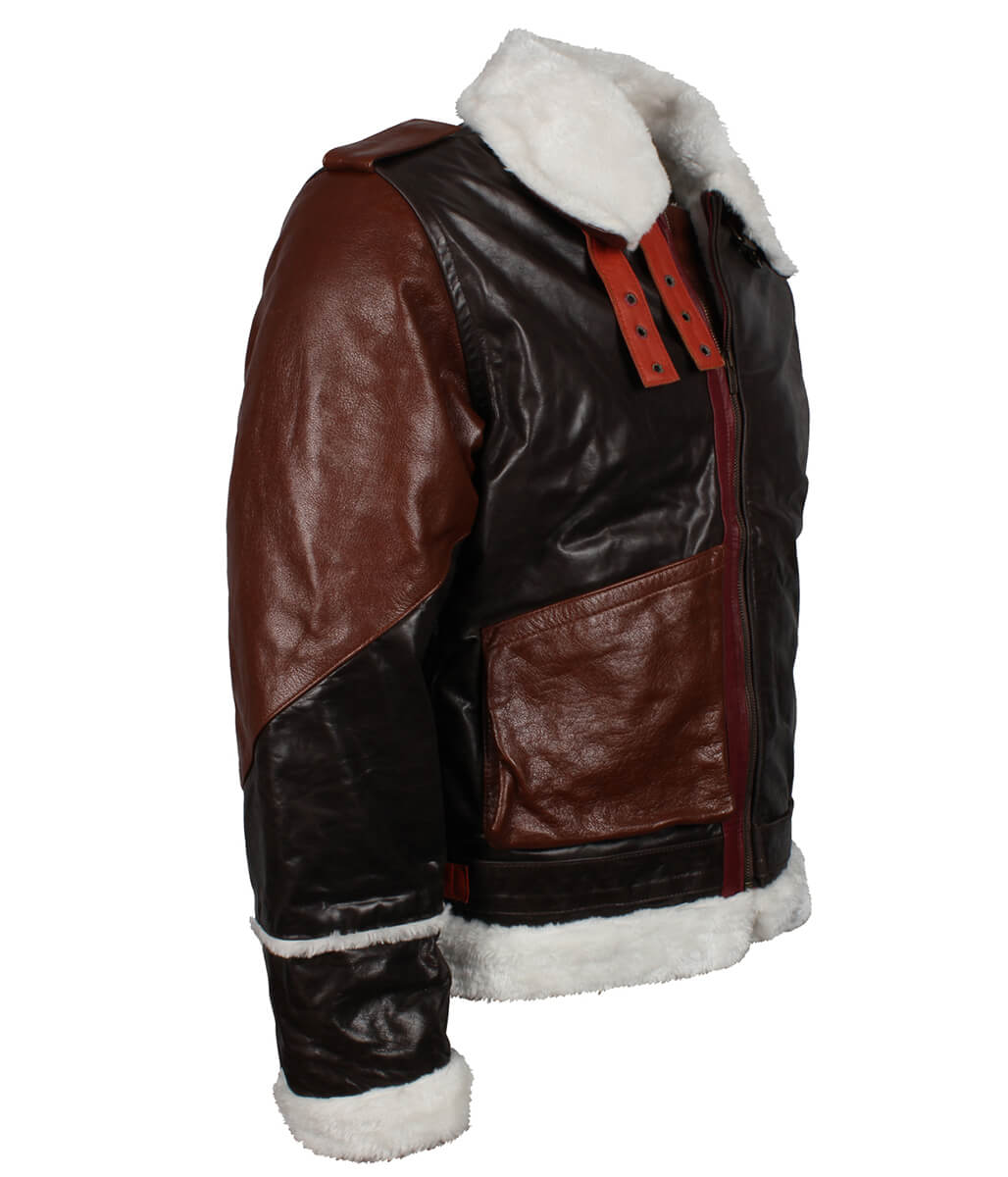 Two-Tone Shearling Trimmed Aviator Leather Jacket