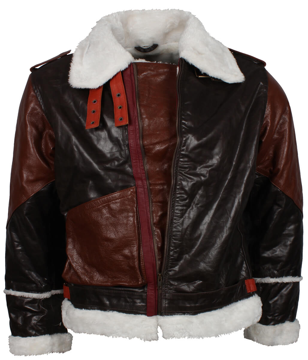 Two-Tone Shearling Trimmed Aviator Leather Jacket