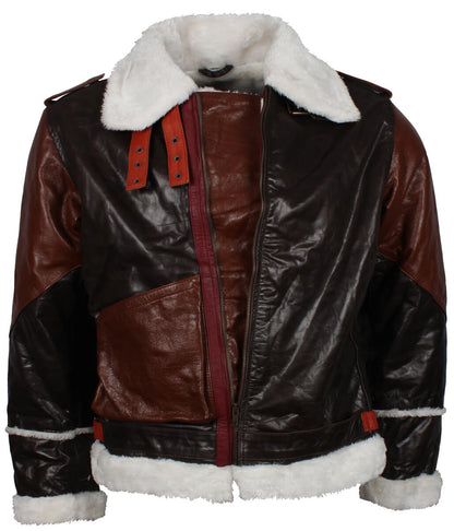 Two-Tone Shearling Trimmed Aviator Leather Jacket
