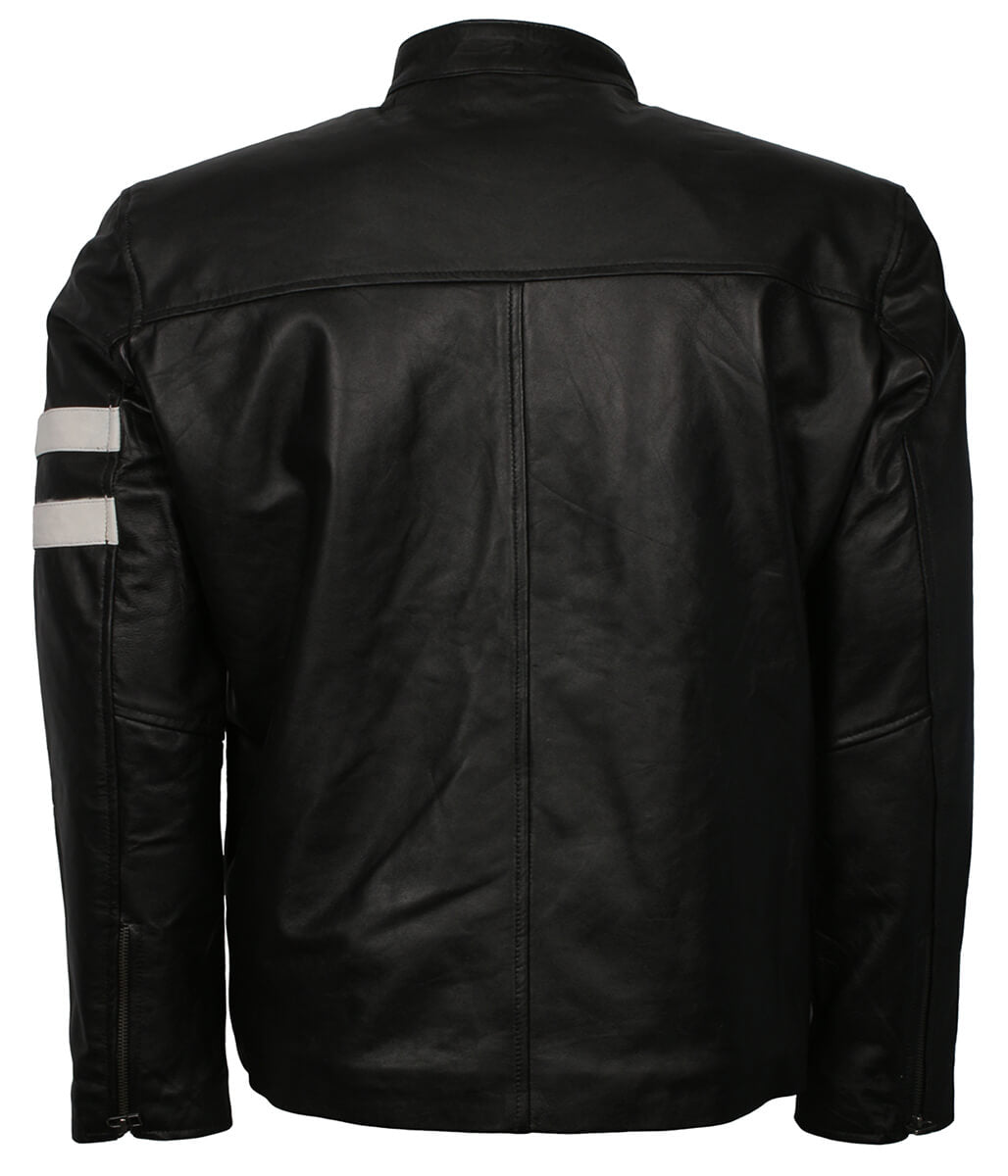 Urban Streetwear Style White Striped Black Leather Jacket