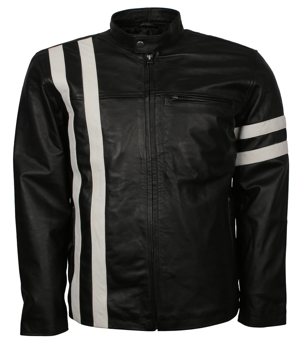 Urban Streetwear Style White Striped Black Leather Jacket