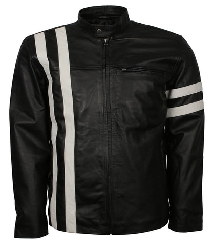 Urban Streetwear Style White Striped Black Leather Jacket