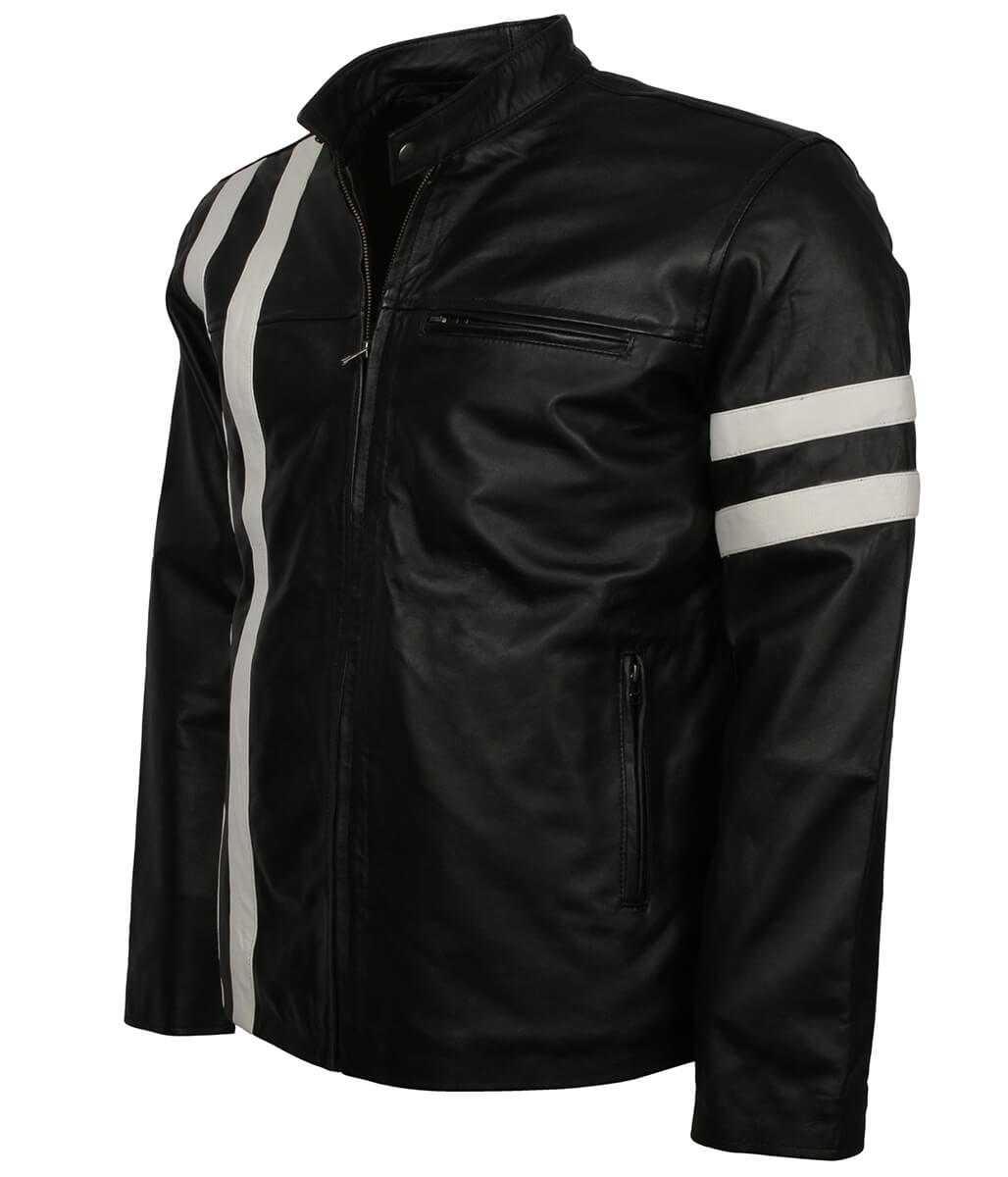 Urban Streetwear Style White Striped Black Leather Jacket
